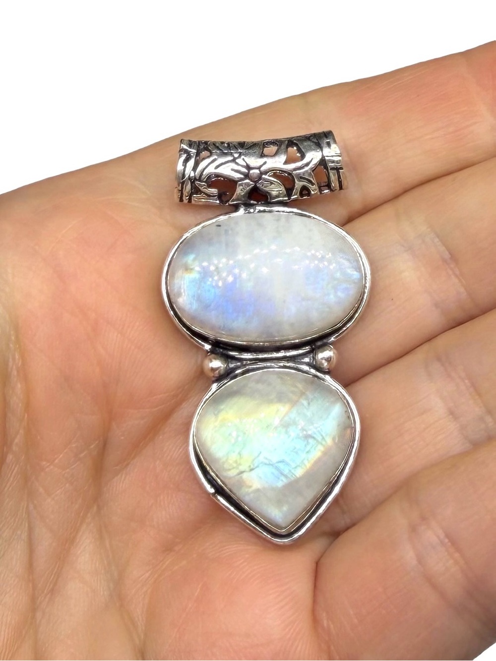 Rainbow Moonstone Necklace Pendant 925 Sterling Silver Overlay